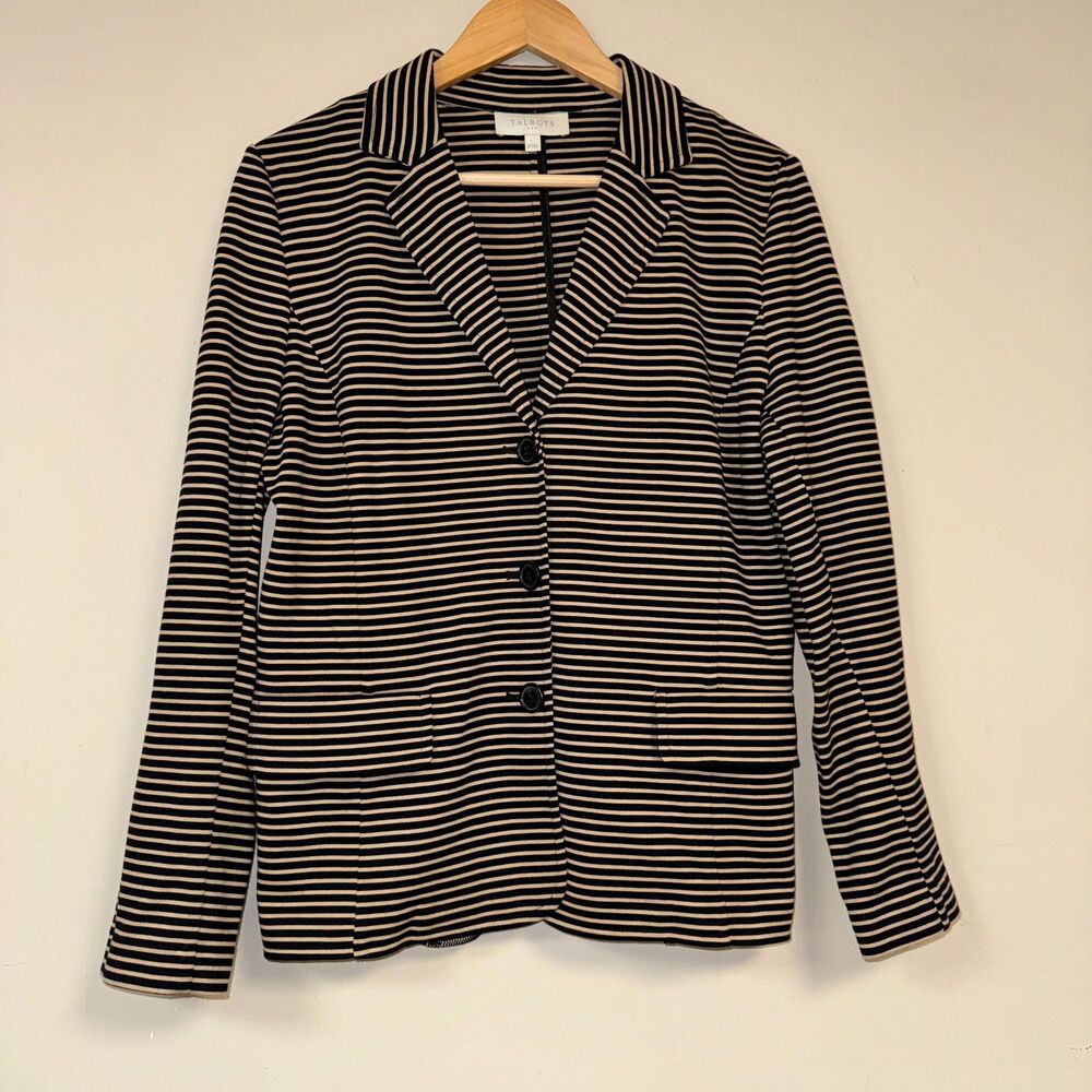 Talbots Blazer Jacket Women's Large Black Beige Stripe Preppy Business Office